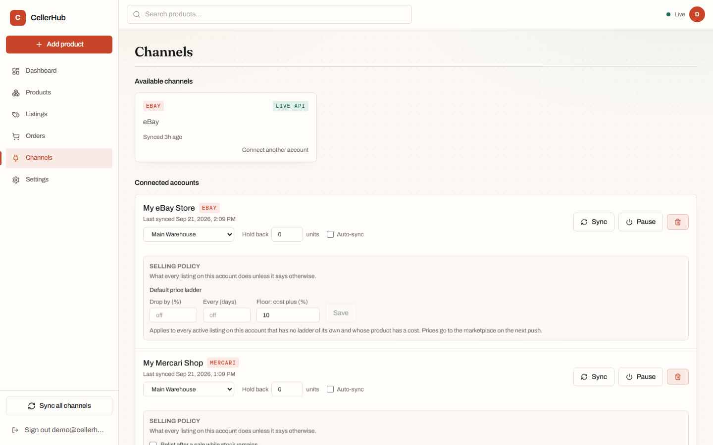 Connected channels with their sync state.