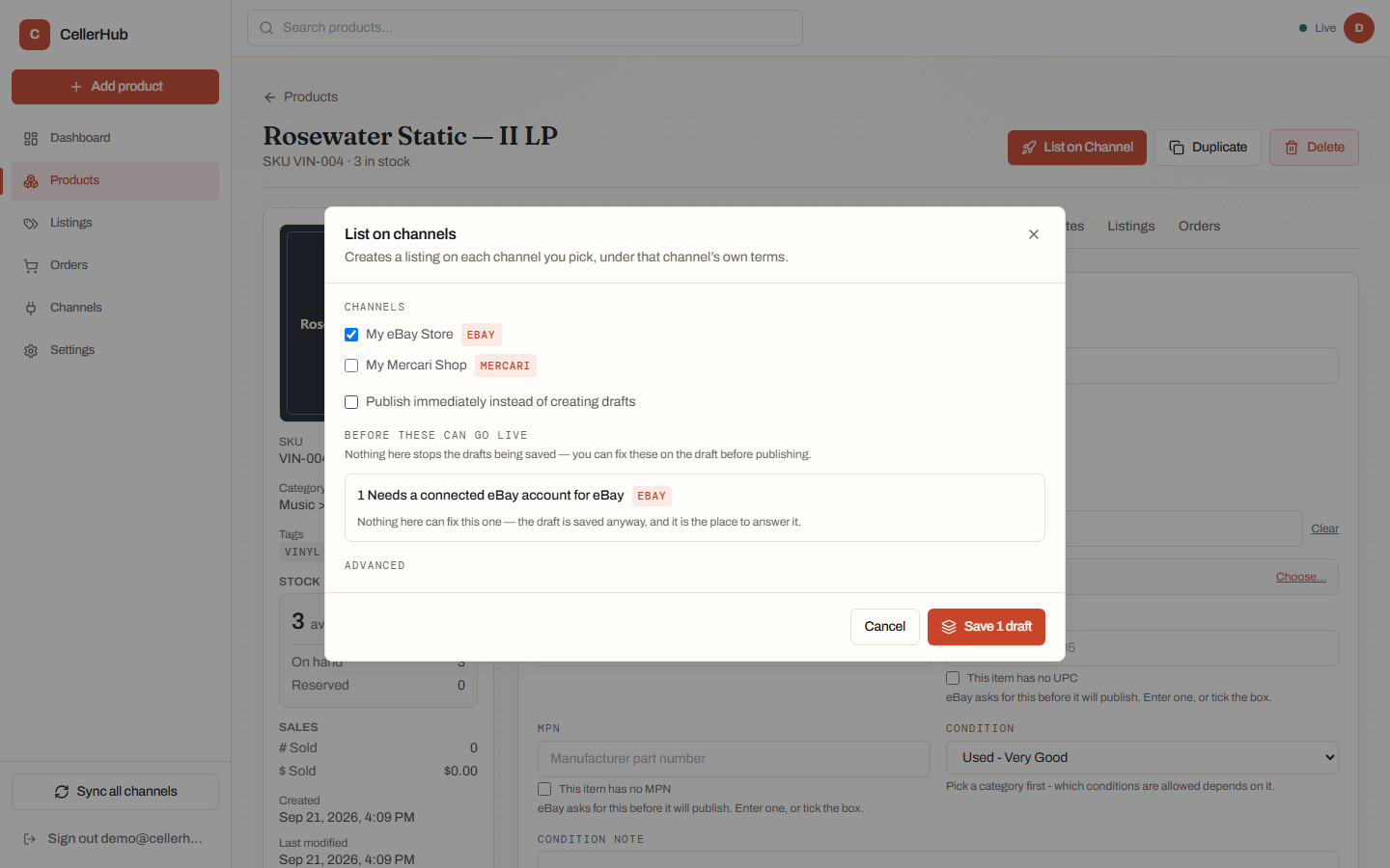 The cross-list preflight listing what each channel still needs before publishing.