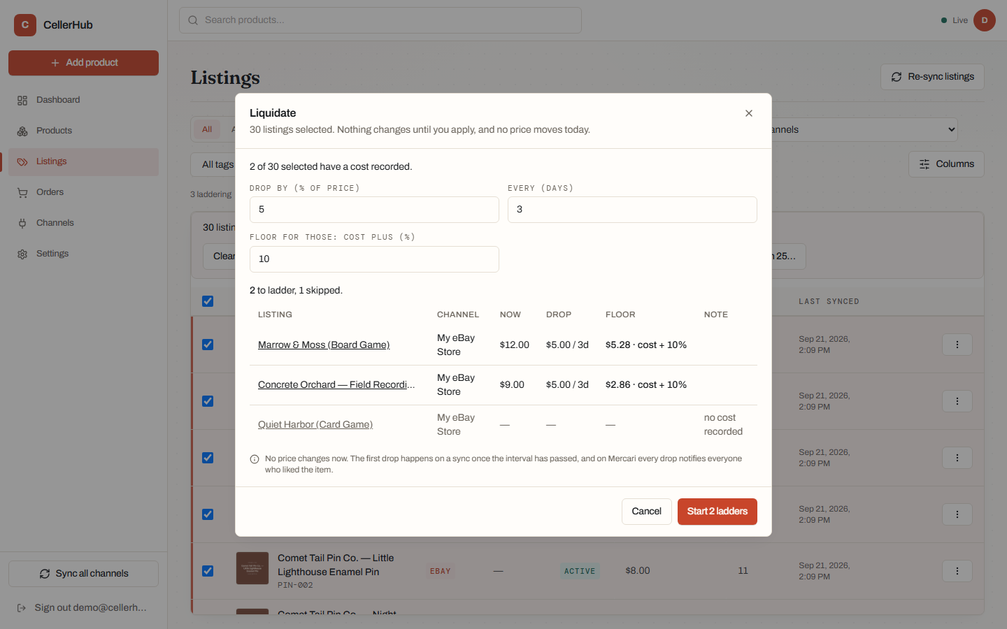 The Liquidate dialog showing selected listings, their floors and the cost each floor is built from.
