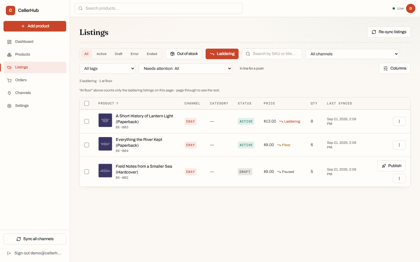 The listings table, one row per channel listing with quantities and status.