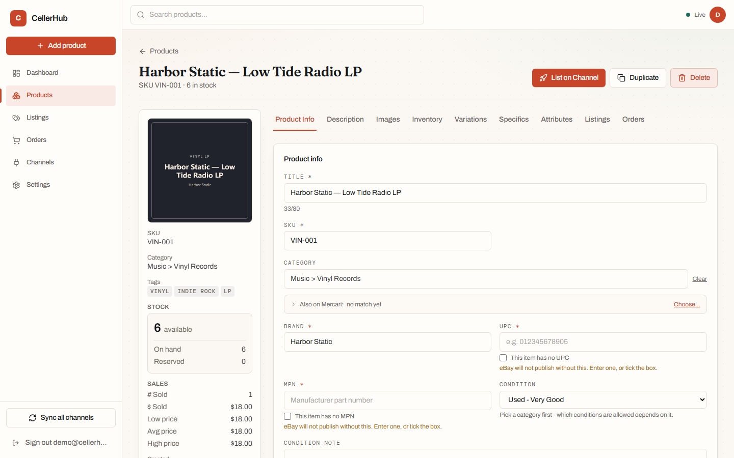 A product record showing decided values with the source of each.