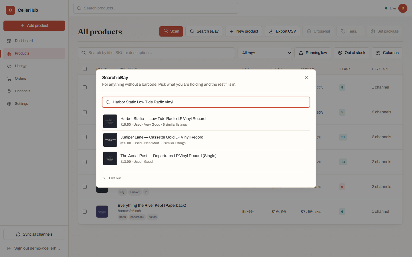 Searching eBay by title, with matching catalog rows grouped by product.