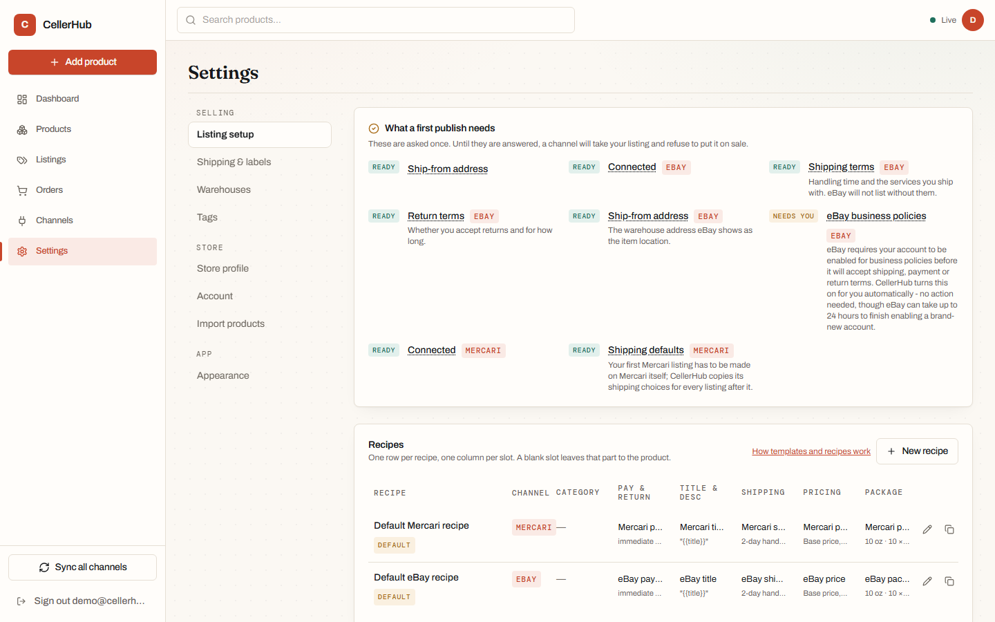 Listing setup: templates and the recipe they are bundled into.