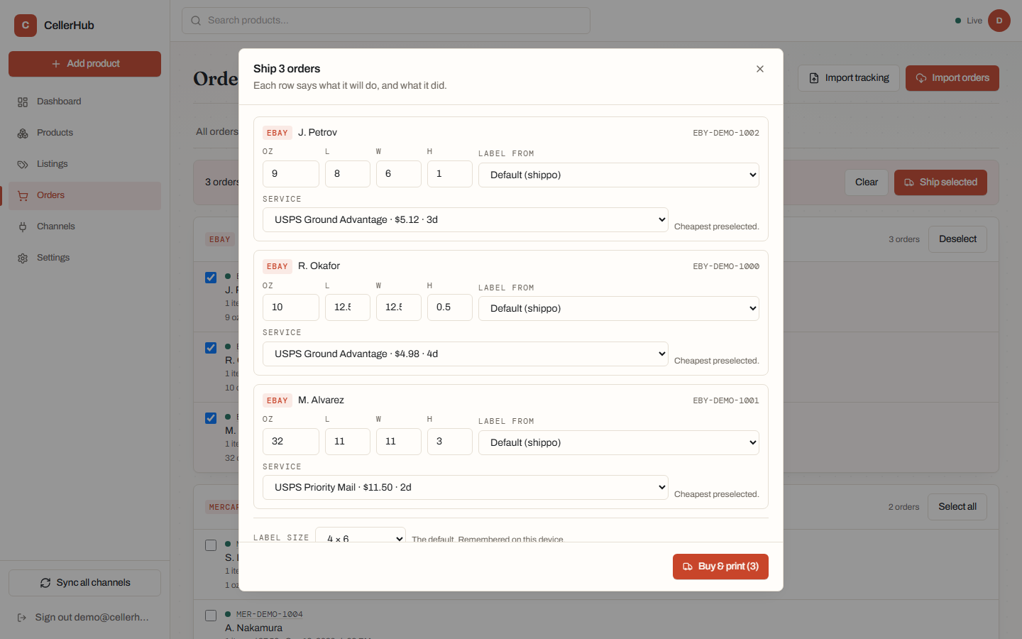 The Ship dialog with rates and the label source for this order.