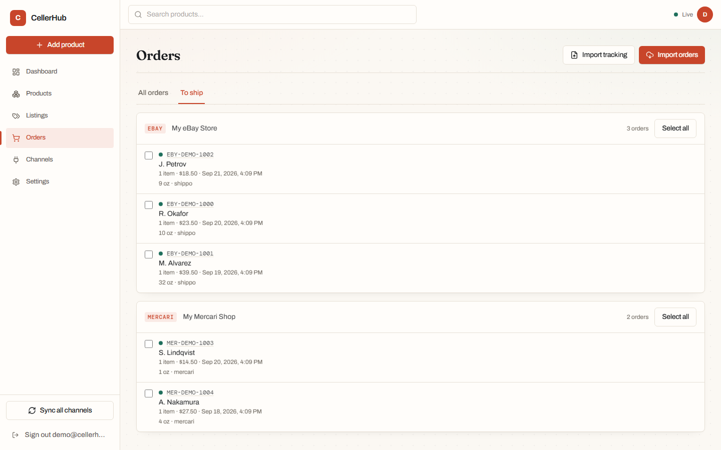 The to-ship list with buyer, item and label state for each order.